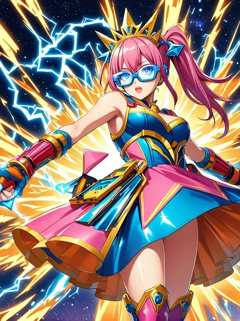 1girl, solo, Lightning energy，Electricity elements，Double ponytail，Love tiara，Wearing heart eye glasses，Blue Highlight Lightning，Wearing a bright pink and orange dress，High heel boots，Holding an electric love stick，Space starry sky background，Galactic batt...