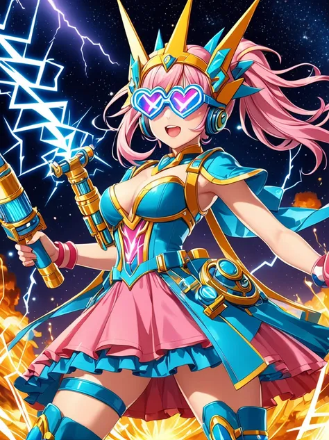 1girl, solo, Lightning energy，Electricity elements，Double ponytail，Love tiara，Wearing heart eye glasses，Blue Highlight Lightning，Wearing a bright pink and orange dress，High heel boots，Holding an electric love stick，Space starry sky background，Galactic batt...