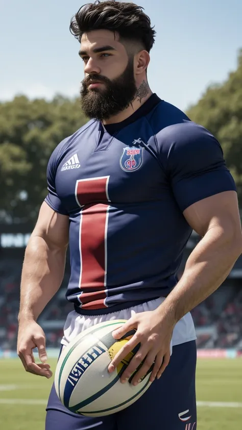 1 pale man rugby player ,Full body, no teeth smile, rugby player, sport brighter pants, hard on bulge, rugby esportive uniform, Black hair fade , captivating alluring large eyes, beard European 30yo man, (High shadow detail), wearing Paris Saint-Germain  r...