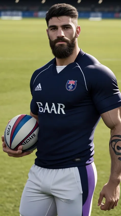 1 pale man rugby player ,Full body, no teeth smile, rugby player, sport brighter pants, hard on bulge, rugby esportive uniform, Black hair fade , captivating alluring large eyes, beard European 30yo man, (High shadow detail), wearing Paris Saint-Germain  r...