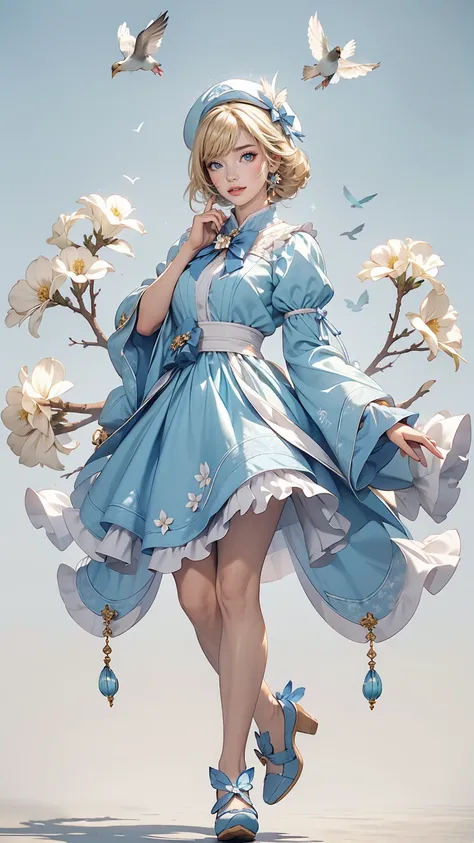 uekura, One girl, Blonde Hair, White Background, Have, dress, Blue footwear, wing, Simple Background, sign, flower, Manicure, Wide sleeves, Long sleeve, blush, animal, white flower, alone, whole body, bird, View Viewer, High heels, Put your hand on your ch...