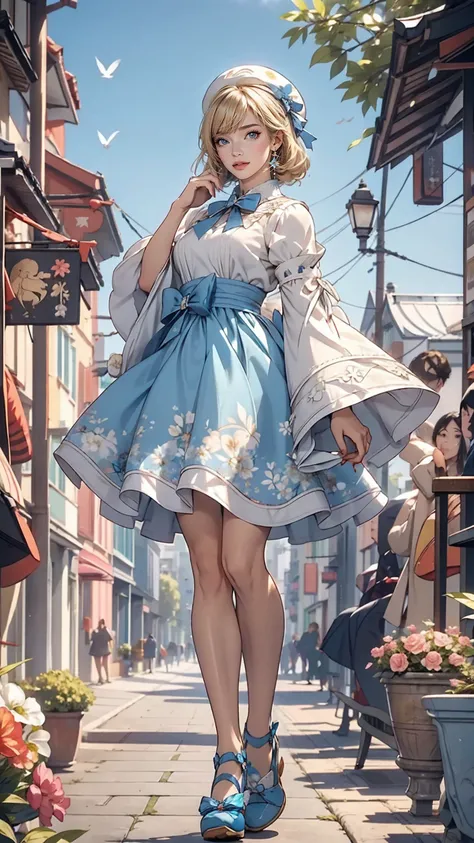 uekura, One girl, Blonde Hair, White Background, Have, dress, Blue footwear, wing, Simple Background, sign, flower, Manicure, Wide sleeves, Long sleeve, blush, animal, white flower, alone, whole body, bird, View Viewer, High heels, Put your hand on your ch...