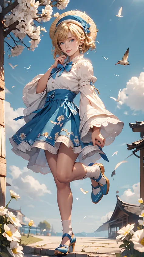 uekura, One girl, Blonde Hair, White Background, Have, dress, Blue footwear, wing, Simple Background, sign, flower, Manicure, Wide sleeves, Long sleeve, blush, animal, white flower, alone, whole body, bird, View Viewer, High heels, Put your hand on your ch...