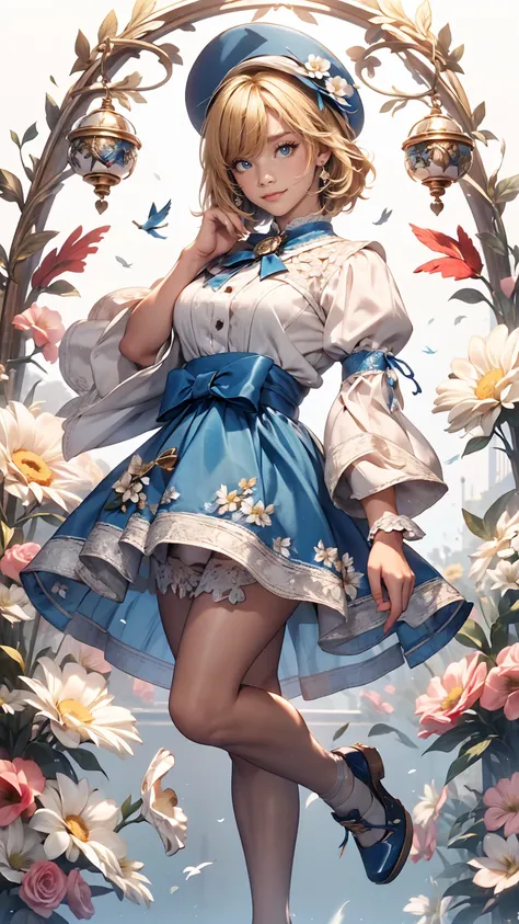 uekura, One girl, Blonde Hair, White Background, Have, dress, Blue footwear, wing, Simple Background, sign, flower, Manicure, Wide sleeves, Long sleeve, blush, animal, white flower, alone, whole body, bird, View Viewer, High heels, Put your hand on your ch...