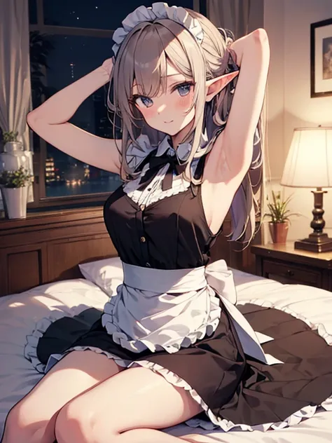 A maids, (in bedroom), various hair styles, night, details face, short skirt, seducing, sleeveless, maid uniform, armpits, elf, on bed