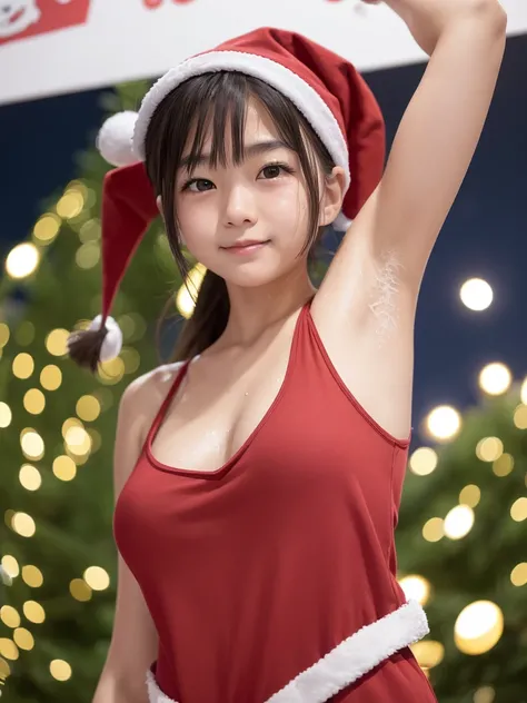 (best quality:1.2), masterpiece, 1 Japanese girl, (12-year-old, ultra cute kawaii:1.3), upper body, solo, smile, standing, looking at viewer, cowboy shot, (nup, red Santa-claus costume:1.2), ((focus on her armpits)), (((Sweaty armpits))), Armpit depression...