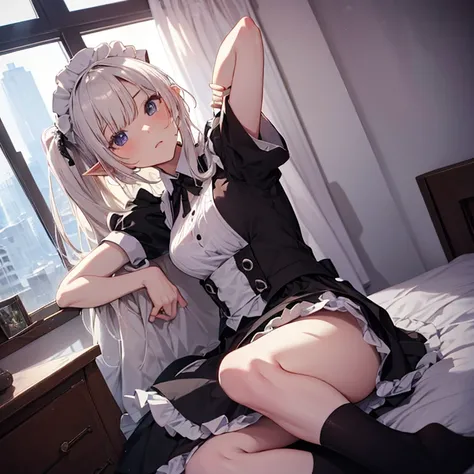 A maids, (in bedroom), various hair styles, night, details face, short skirt, seducing, sleeveless, maid uniform, armpits, elf, on bed