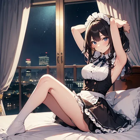 A maids, (in bedroom), various hair styles, night, details face, short skirt, seducing, sleeveless, maid uniform, armpits, elf, lay on bed