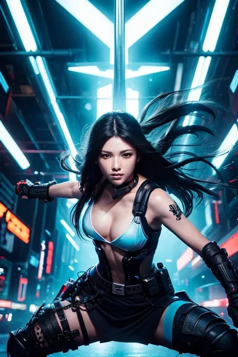 Digital Cyberpunk Art 32k，Complex，Very detailed，Long black hair、Shiny、Wear cyberpunk white and light blue samurai armor、Japanese women、Medium chest、In front of countless monitors、Holding a sword、(fighting stance)