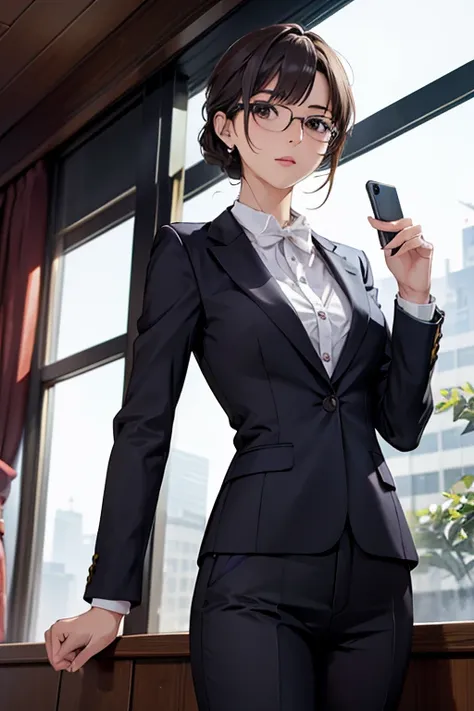 highest quality、masterpiece、high sensitivity、high resolution、one woman、slim body、glasses、in a suit、