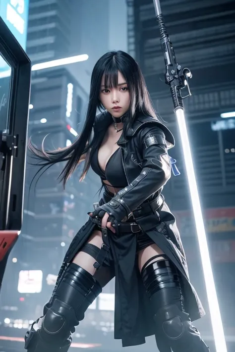 Digital Cyberpunk Art 32k，Complex，Very detailed，Long black hair、Shiny、Wear cyberpunk white and light blue samurai armor、Japanese women、Medium chest、In front of countless monitors、Holding a sword、(fighting stance)