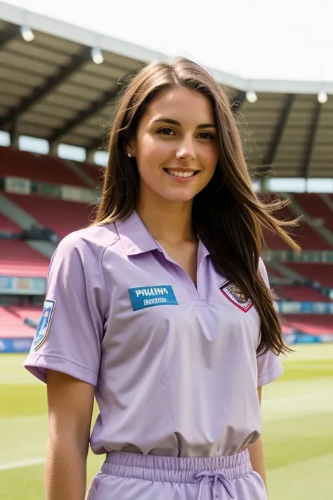 beautiful woman with physical features similar to Alexandra Saint Mlux, brown hair, beautiful features and a purple physiotherapist uniform, a soccer stadium background