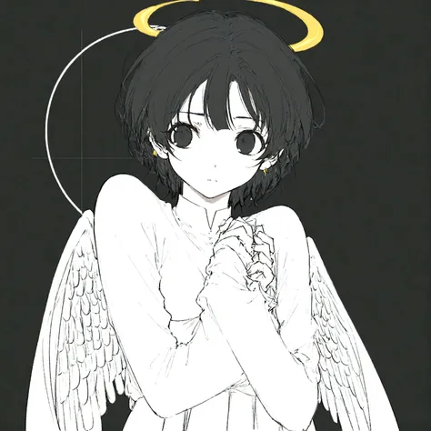 Black Hair,short hair,black eye,Angel&#39;s wing,Black clothes,Gender unknown,Expressionless,The lines are a little rough,No breasts