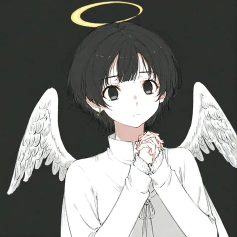 Black Hair,short hair,black eye,Angel&#39;s wing,Black clothes,Gender unknown,Expressionless,The lines are a little rough,No breasts