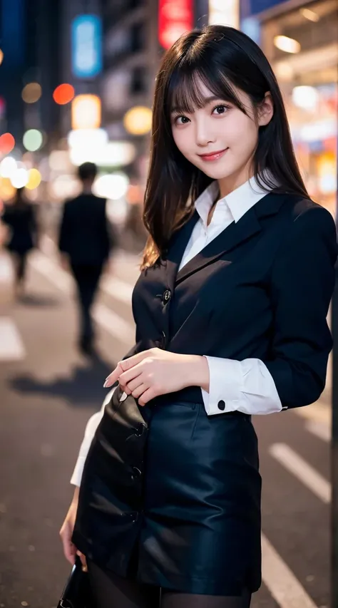 (highest quality,masterpiece:1.3,ultra high resolution),(Super detailed,caustics,8k),(photorealistic:1.4,RAW shooting),1 girl,(look at the camera with a smile),20-year-old,cute,Japanese,black hair long bronde, business attire, office lady, black officeblaz...