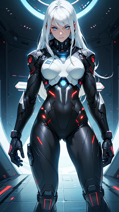 Beautiful cybernetic girl in black mobile cybernetic battle suit detailed muscles realistic masterpieces full figure pose (best quality,ultra-detailed), white-haired girl, vibrant blue eyes, long hair, fair skin, fit body, slim figure, narrow waist, large ...