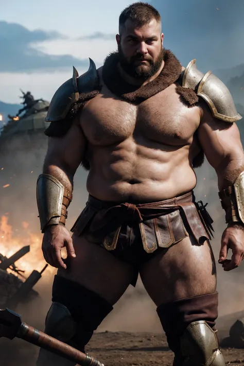 face turning around and looking at me, face, a fat gentle barbarian, mid combat, leather armor, legs exposed from thighs to feet, fierce, battleground background, masterpiece, volumetric lighting, Dramatic, 