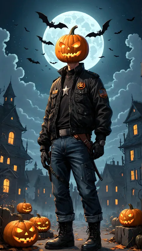 A Halloween pumpkin-headed character who wears a black jacket and jeans and wears military boots . hq comic 