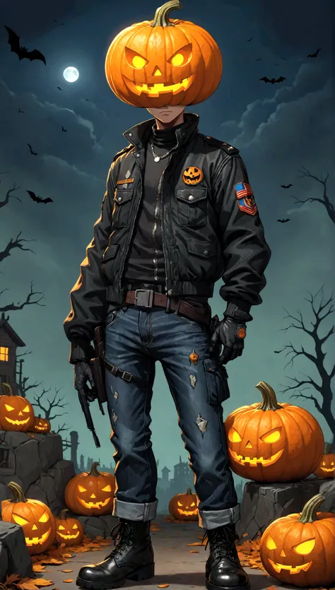 A Halloween pumpkin-headed character who wears a black jacket and jeans and wears military boots . hq comic 