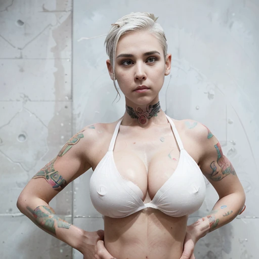 Beautiful punk woman with a coloured Mohawk and shaved underside hairstyle, (((little girl face))), (((cry face))), (((bikini))), (((tanga))), ((tattoos)), intense eye contact, (((((white eyes))))), (pretty eyes), pink hair, ((((full body)))), (((gigant bo...