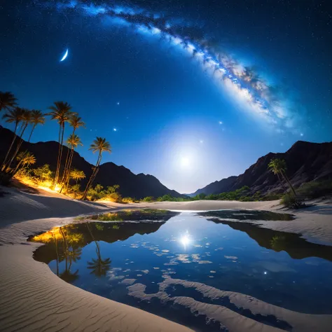 desert, oasis, lake, water surface, water surface反射, Palm tree, Sand Dunes, Rocky Mountain, star空, Night Sky, milky way, Milky Way, star, 満天のstar空, star座, 北斗七star, 南十字star, 流れstar, 流star群, 人工衛star, blue, Ultramarine, azure, Jet Black, Before dawn, Blue Hou...