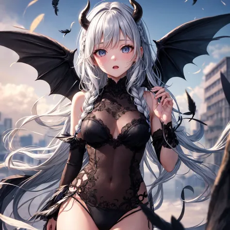 After image, Bokeh, Blurred foreground, Wide Shot, 超High resolution, retina, masterpiece, Attention to detail, highest quality, High resolution, 4K,god々In a cool atmosphere、A demon with short braided silver hair comes down from the sky、Black feathers flutt...