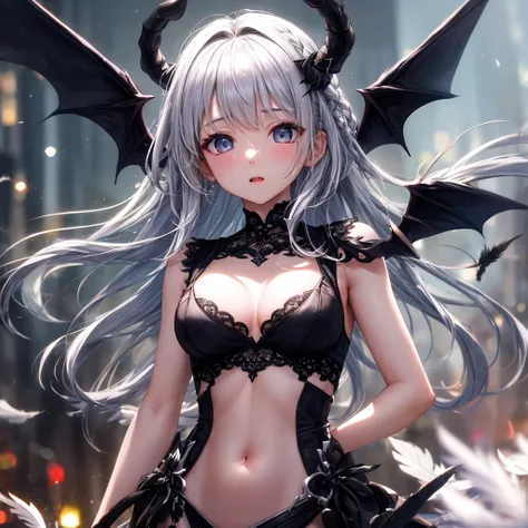 After image, Bokeh, Blurred foreground, Wide Shot, 超High resolution, retina, masterpiece, Attention to detail, highest quality, High resolution, 4K,god々In a cool atmosphere、A demon with short braided silver hair comes down from the sky、Black feathers flutt...