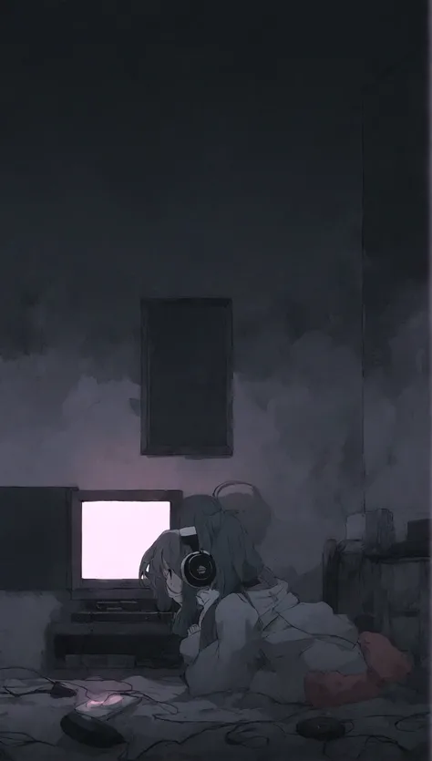 Girl listening to music in a cozy room at night, Use headphones, 2 d anime style, lo fi, hard disk, dark environment、Emo