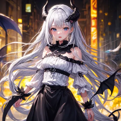 After image, Bokeh, Blurred foreground, Wide Shot, 超High resolution, retina, masterpiece, Attention to detail, highest quality, High resolution, 4K,god々In a cool atmosphere、A demon with short braided silver hair comes down from the sky、Black feathers flutt...