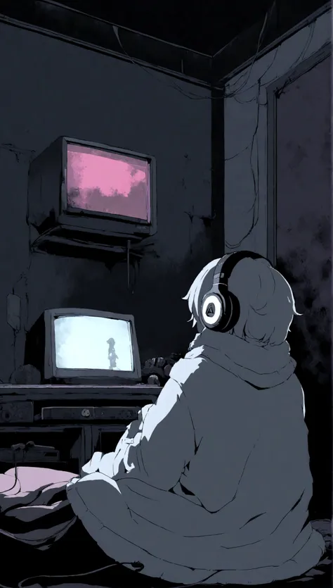 Girl listening to music in a cozy room at night, Use headphones, 2 d anime style, lo fi, hard disk, dark environment、Emo