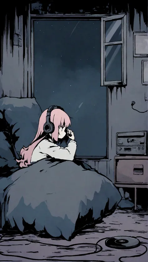 Girl listening to music in a cozy room at night, Use headphones, 2 d anime style, lo fi, hard disk, dark environment、Emo