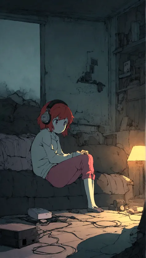 Girl listening to music in a cozy room at night, Use headphones, 2 d anime style, lo fi, hard disk, dark environment、Emo