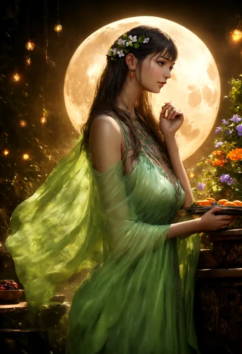 a high fantasy elven kitchen,ivy and flower trim work,a single small fruit on a carving tray,a lovely elven woman in a sexy translucent moon silk dress,best quality,4k,8k,highres,masterpiece:1.2,ultra-detailed,realistic,photorealistic,photo-realistic:1.37,...