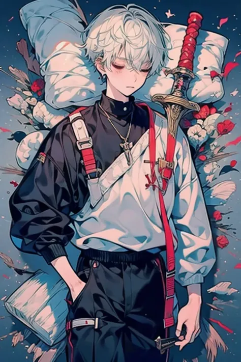 boy,dying,white hair,narrow_waist,teenager,scar，blood，wound,,lying on the ground ,closed eyes,sword,trousers