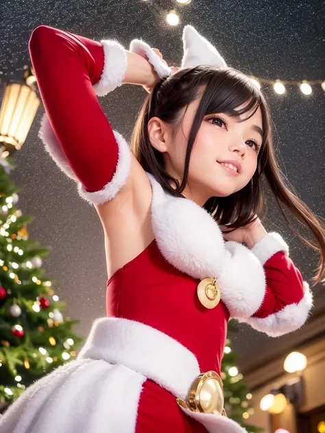 (best quality:1.2), masterpiece, 1 Japanese girl, (15-year-old, ultra cute kawaii:1.3), upper body, solo, smile, standing, looking at viewer, (nup, red Santa-claus costume:1.2), ((focus on her armpits)), (((Sweaty armpits))), Armpit depression, ((((Dimpled...