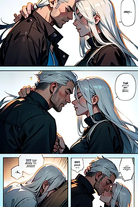 Girl with long white hair kissing a wounded man on the forehead to heal him , manga page with panels and dialogue 