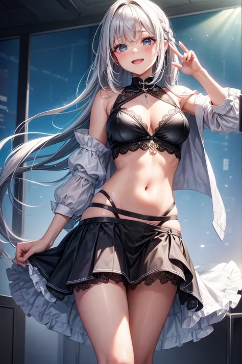 A woman with braided silver hair and a short bob sings、Embarrassed look、Big smile、Idol、Short skirt、Belly button、（Messy light）、（Best Highlights）、（Best Shadow）、（Highest detail）、（Highest quality 8K）、（Tabletop）
