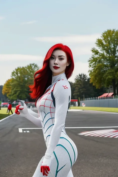 (​masterpiece:1.4)、(top-quality:1.4)、
1girl in, F1s bewitching grid girl, Red-haired, looking at the viewers, solo ,realisitic,(shinny skin),(​masterpiece:1.4),(top-quality:1.4),red-lips、racing venue, white bodysuit