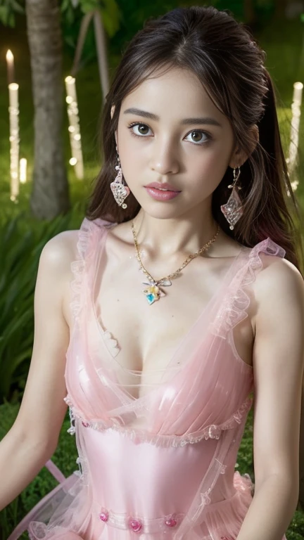 8K, ultra hd, masterpiece, 1 girl, (good face:1.4), detailed eyes, long hair, impressive hairstyle, earings, necklace, small breasts, (pink dress:1.5), see-through, (fantasy dress:1.5) Light-colored foundation brings out the transparency of the skin, (in t...