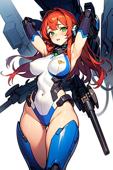 highest quality, masterpiece, 1 girl, valsione r, mecha musume, Machinery Parts, Long Hair, Redhead, Green Eyes, Medium chest, Mech Armor, robot, Mechanical Wing, milky way, space,Put your arms behind your head, Underarm, blush, Lips parted, Wide Hips, Thi...