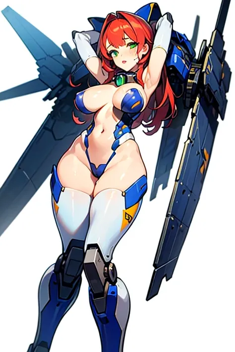 highest quality, masterpiece, 1 girl, valsione r, mecha musume, Machinery Parts, Long Hair, Redhead, Green Eyes, Medium chest, Mech Armor, robot, Mechanical Wing, milky way, space,Put your arms behind your head, Underarm, blush, Lips parted, Wide Hips, Thi...