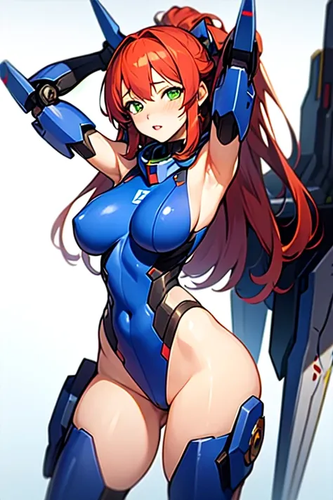 highest quality, masterpiece, 1 girl, valsione r, mecha musume, Machinery Parts, Long Hair, Redhead, Green Eyes, Medium chest, Mech Armor, robot, Mechanical Wing, milky way, space,Put your arms behind your head, Underarm, blush, Lips parted, Wide Hips, Thi...