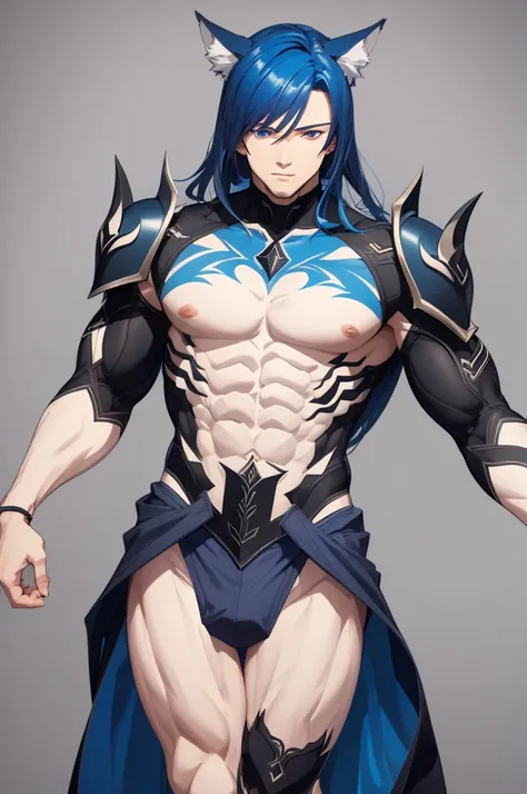 Detailed design of male anime character.  many angles.  detail.  Young man, blue hair, white skin, strong muscles, wolf ears