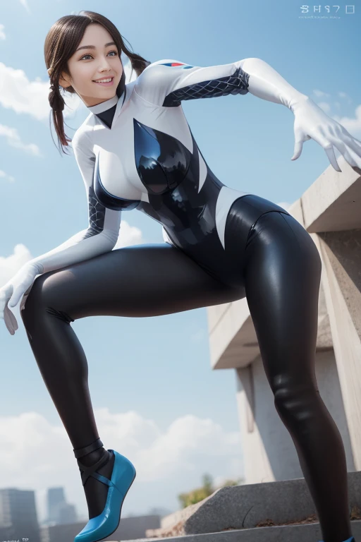 blue eyes, stunning proportions, smile, dark zero suit, photorealistic, intricate details, spiffy bodysuit