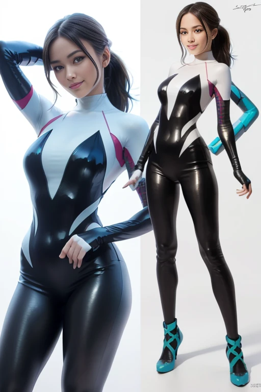 blue eyes, stunning proportions, smile, dark zero suit, photorealistic, intricate details, spiffy bodysuit