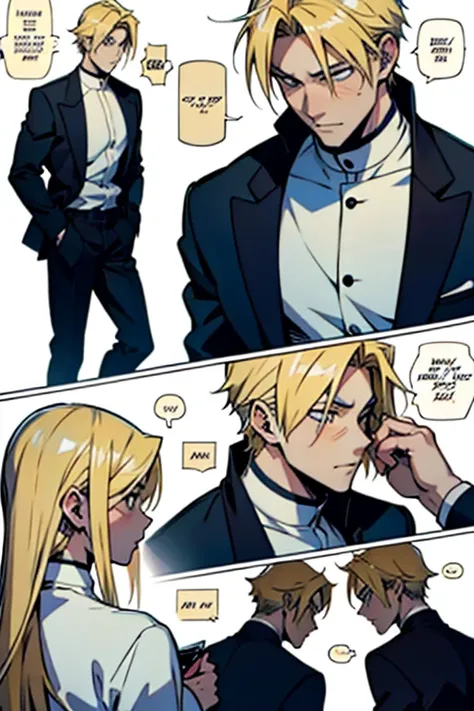 Anime guy with blonde hair asking his girlfriend to marry him, manga page with panels and dialogue 