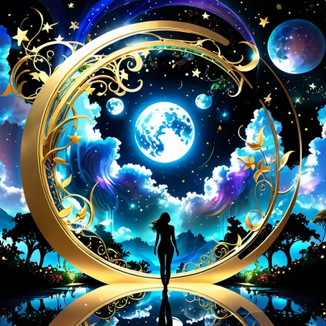 Enter an endless and wonderful world of fantasy, Magic and technology come together，Paint a great picture. Imagine an enchanting Garden of Eden, AI creatures with shiny metallic bodies、A starry sky，Big Moon,