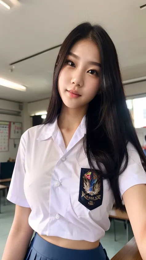 a woman in a white shirt and blue skirt posing for a picture, girl wearing uniform, jk uniform, anime thai girl, wearing , student, korean girl, wearing a , wearing headmistress uniform, wearing japanese , sakimichan, a hyperrealistic , jaeyeon nam, seifuk...