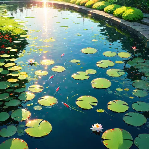 Pool, water surface, Silence, green, Waterweed, lotus leaves, carp, vivid, red, white, orange, pattern, grace, swim, water pattern, reflection, rainbow, Seven Colors, Gradation, arch, beautiful, Fantasy, mysterious, after the rain, sun, Light, Water Drop, ...