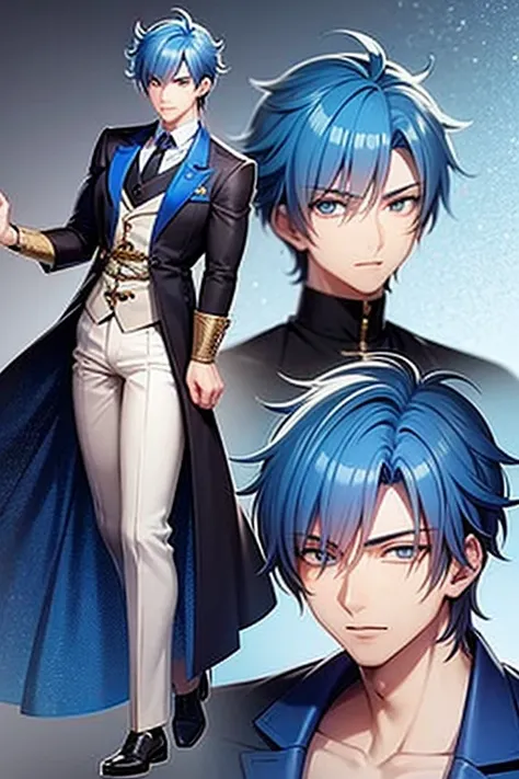 Detailed design of male anime character.  many angles.  detail.  Young man, blue hair, white skin, strong muscles, wolf ears